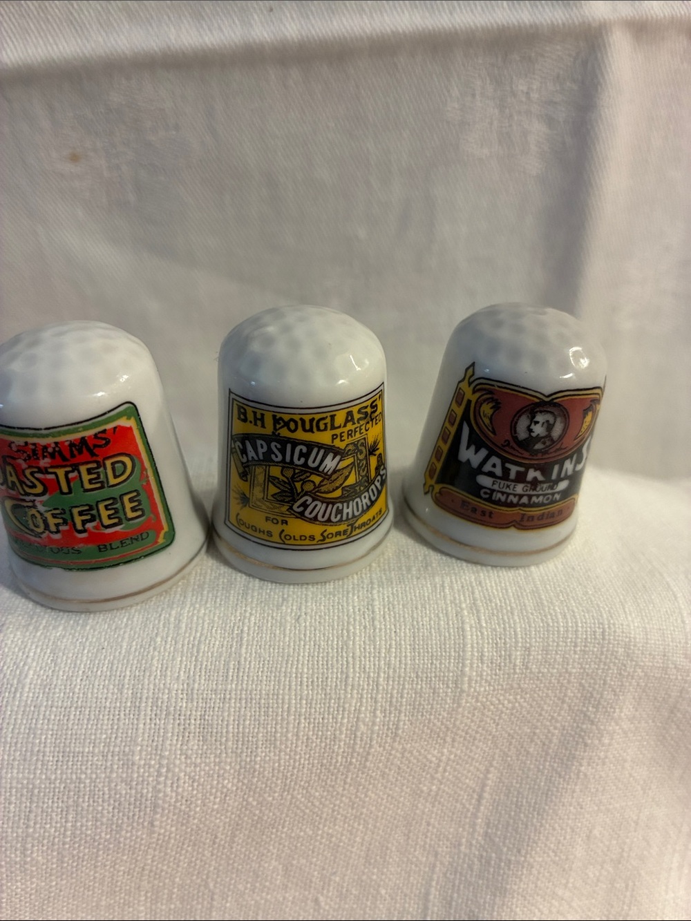 Vintage porcelain thimbles lot of 3 Watkins Cinnamon Capsicum Coughdrops Coffee